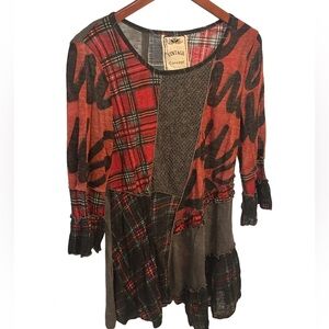 Vintage Concept Patchwork Tunic - Red & Olive Plaid women’s size medium